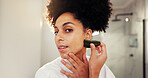 African woman, portrait and gua sha for facial massage in bathroom for morning routine, skincare and antiaging. Face, pov and person for natural cosmetics tool, jade stone and self care in house