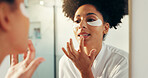 Mirror, skincare and woman with eye patch, grooming or shine for lips with lipgloss, beauty and home. Reflection, African person and routine for anti aging, makeup and cosmetics for skin in bathroom
