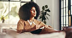 Happy woman, thinking and writing with book in home for journalism, diary or copywriting. Female person, writer or journalist in wonder with notebook for storytelling, chapter or schedule reminder