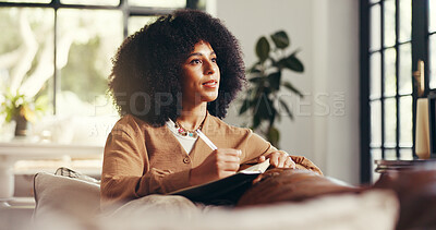 Buy stock photo Happy woman, thinking and writing with book in home for journalism, diary or copywriting. Female person, writer or journalist in wonder with notebook for storytelling, chapter or schedule reminder