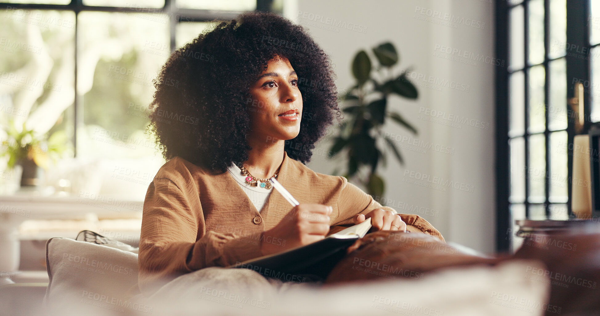 Buy stock photo Happy woman, thinking and writing with book in home for journalism, diary or copywriting. Female person, writer or journalist in wonder with notebook for storytelling, chapter or schedule reminder