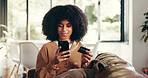 Credit card, phone and woman on sofa with online shopping with sale, discount or promotion in home. Smartphone, debit and female person with mobile app, payment and internet retail in living room