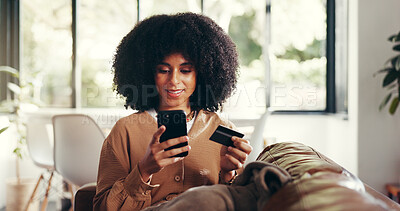 Buy stock photo Credit card, phone and woman on sofa with online shopping with sale, discount or promotion in home. Smartphone, debit and female person with mobile app, payment and internet retail in living room