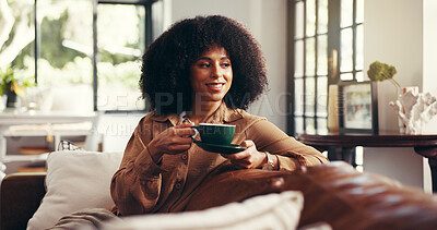Buy stock photo Smile, coffee and thinking with woman on sofa of home for relax, peace and reflection. Happiness, inspiration and vision with person drinking tea in living room of apartment for morning caffeine