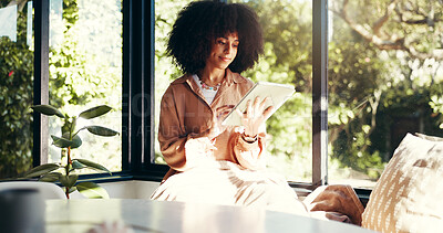 Buy stock photo Woman, relax and typing on tablet at house for email, design feedback and project schedule. Graphic designer, remote work and digital to review art, online research and information on web application