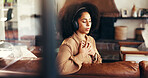 Meditation, music and woman with headphones in home for calm, peace and zen. Relax, mindfulness audio and African person listening to sound, podcast or streaming radio for self care in living room