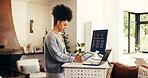 Remote work, tech and graphs with woman in home office for virtual assistant, client report or networking. Feedback, administration and project management with person, tablet and research review