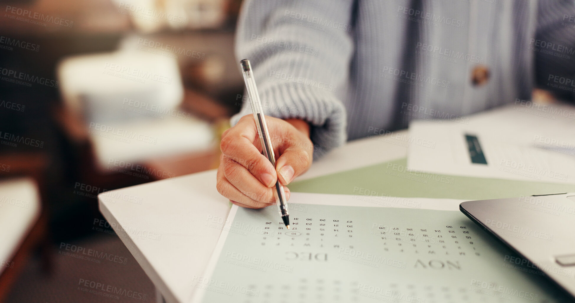 Buy stock photo Hands, person and notes on calendar at house for planning, date reminder and schedule appointment. Woman, laptop and document for project timeline, annual agenda and information for deadline priority
