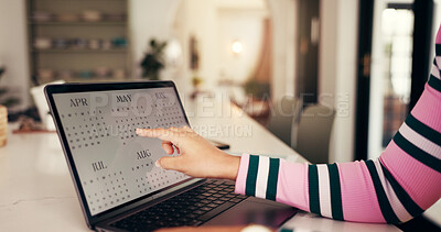 Buy stock photo Hands, laptop and point at calendar for remote work from home, schedule and time management for project. Person, computer screen and check date for deadline, planning or reminder for job at apartment