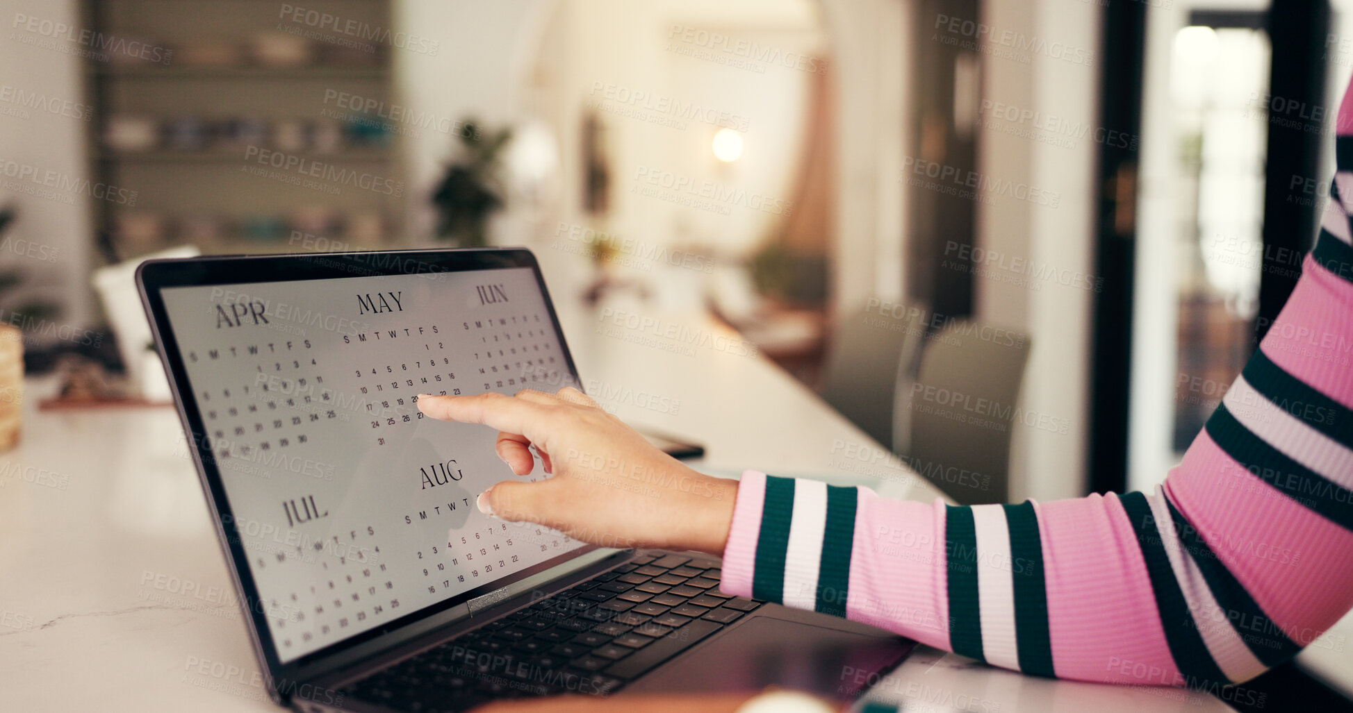 Buy stock photo Hands, laptop and point at calendar for remote work from home, schedule and time management for project. Person, computer screen and check date for deadline, planning or reminder for job at apartment