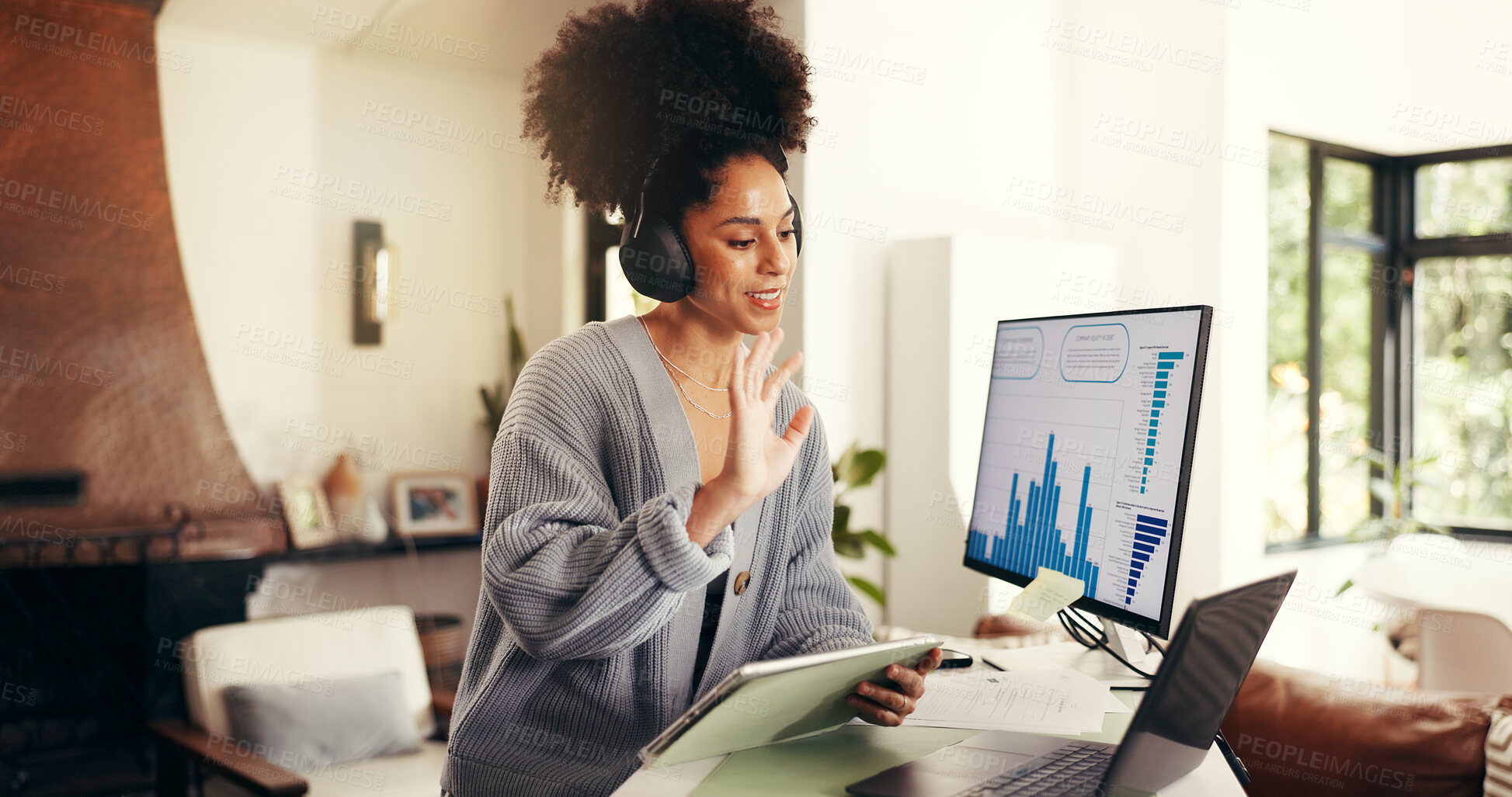 Buy stock photo Happy woman, laptop or wave with tablet for video call, marketing conference or statistics in home. Female person, freelancer or remote work with technology for webinar, data or performance in house