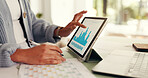 Hands, person and graph on tablet screen at house of accounting, finance report and profit growth. Accountant, digital and budget for financial stats, revenue increase and data analysis of investment