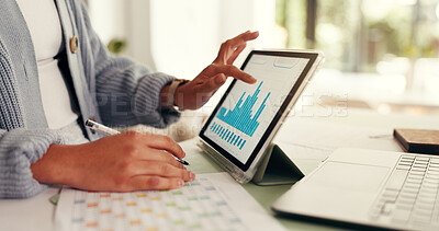 Hands, person and graph on tablet screen at house of accounting, finance report and profit growth. Accountant, digital and budget for financial stats, revenue increase and data analysis of investment