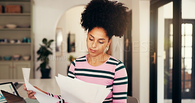 Buy stock photo Woman, paperwork and remote work from home with review, finance and info for tax compliance, African person, documents and freelancer with administration, feedback or budget report at apartment