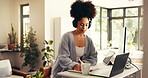 Remote work, headphones and african woman with technology and writing notes in home office. Online, research and person listening to music or podcast for resource, networking or freelance at house