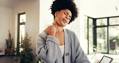 Buy stock photo Woman, neck pain and stress with injury for overworked pressure, fatigue or strain in home. Female person, freelancer or remote work with sore shoulder or muscle tension for project deadline in house