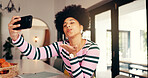 Woman, blow kiss or selfie in home for social media, update blog or online connectivity. African influencer, photography or gesture in house for dating app interaction, follower engagement or contact
