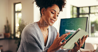 Buy stock photo Remote work, tablet and smile with woman in home office for virtual assistant, client report or networking. Feedback, administration and project management with person, freelance and research review