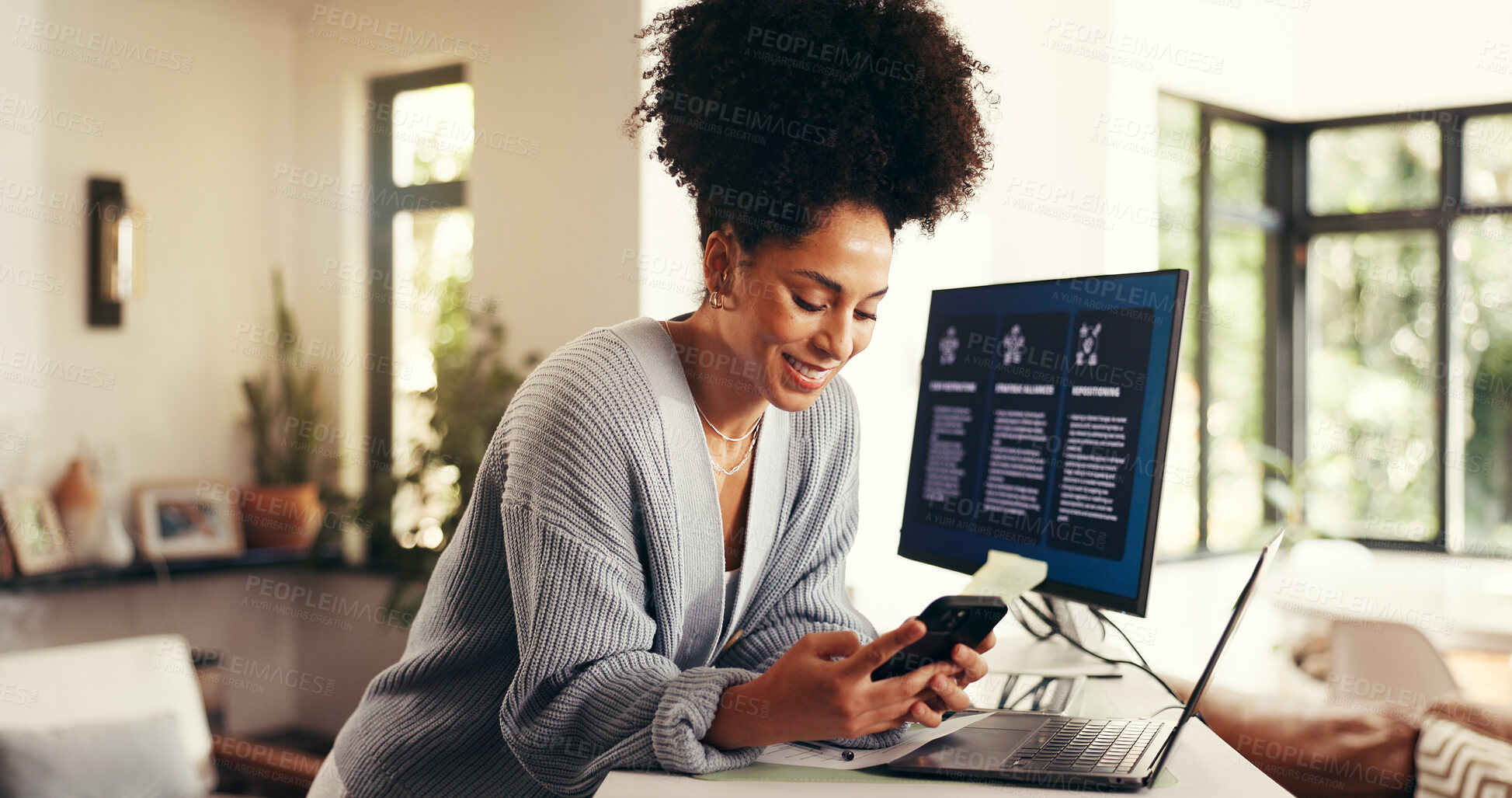 Buy stock photo Remote work, woman and phone for consultant, business growth or company review. Entrepreneur, feedback and tech in home office for job opportunity, contact and project management for internet startup