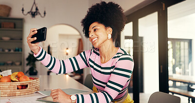 Buy stock photo Woman, smile or selfie in home for social media, remote work blog or online connectivity. African influencer, photography or freelancer in house for platform interaction, follower engagement or break