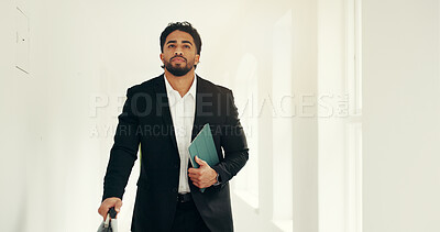 Buy stock photo Man, luggage and tablet at hotel on business trip for real estate investing in corridor on travel. Person, property agent or realtor with baggage, tech and ready for commute to airport at lodge