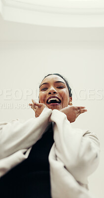 Buy stock photo Portrait, business and woman with confident pose for personality, expression and playful fun. Below, female person and pov with employee pride with silly reaction, humor and positive attitude