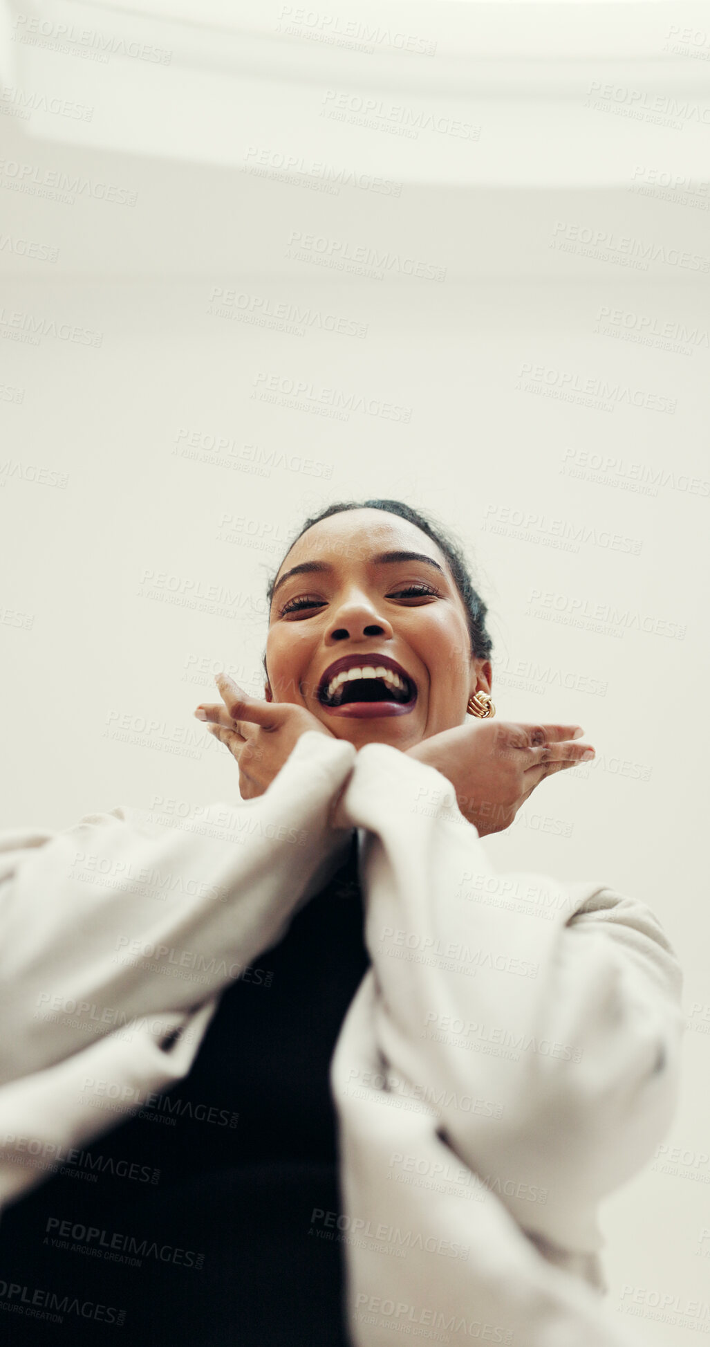 Buy stock photo Portrait, business and woman with confident pose for personality, expression and playful fun. Below, female person and pov with employee pride with silly reaction, humor and positive attitude