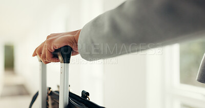 Buy stock photo Hands, luggage and business person in hotel lobby for travel, immigration and international convention. Corporate employee, baggage and suitcase for tourism trip in corridor at accommodation lodge