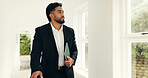 Thinking, real estate agent and man in house, serious or idea for investment property or inspection. Confident, reflection and person in home for listing, realtor and preparing for showing or sale