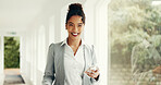 Portrait, business and woman with smile in lobby for career pride, about us and realtor job. Happy, female agent and phone for real estate listing, property seller and ambition for viewing apartment