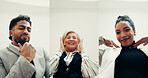 Portrait, people and series with different poses for comedy, goofy expression and playful fun, Below, employees and pov for diversity, silly reaction and humor collection of positive attitude at work