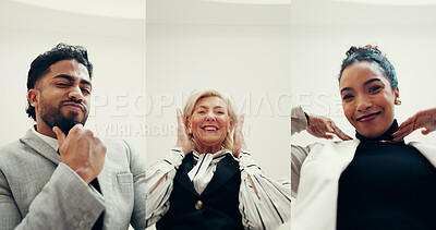 Buy stock photo Portrait, people and series with different poses for comedy, goofy expression and playful fun, Below, employees and pov for diversity, silly reaction and humor collection of positive attitude at work