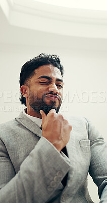 Buy stock photo Portrait, business and man with funny poses for comedy, goofy expression and playful smirk. Below, male person and POV with confident employee with silly reaction, humor and positive attitude at work