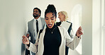 Woman, dancing and business people with team, happy or celebration with documents for real estate sale. Person, property agent and excited group with success, goals or deal for profit in corridor