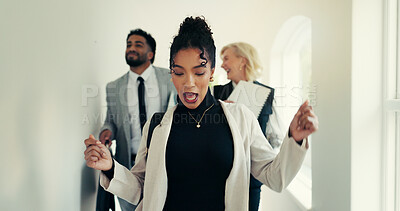 Buy stock photo Woman, dancing and business people with team, happy or celebration with documents for real estate sale. Person, property agent and excited group with success, goals or deal for profit in corridor