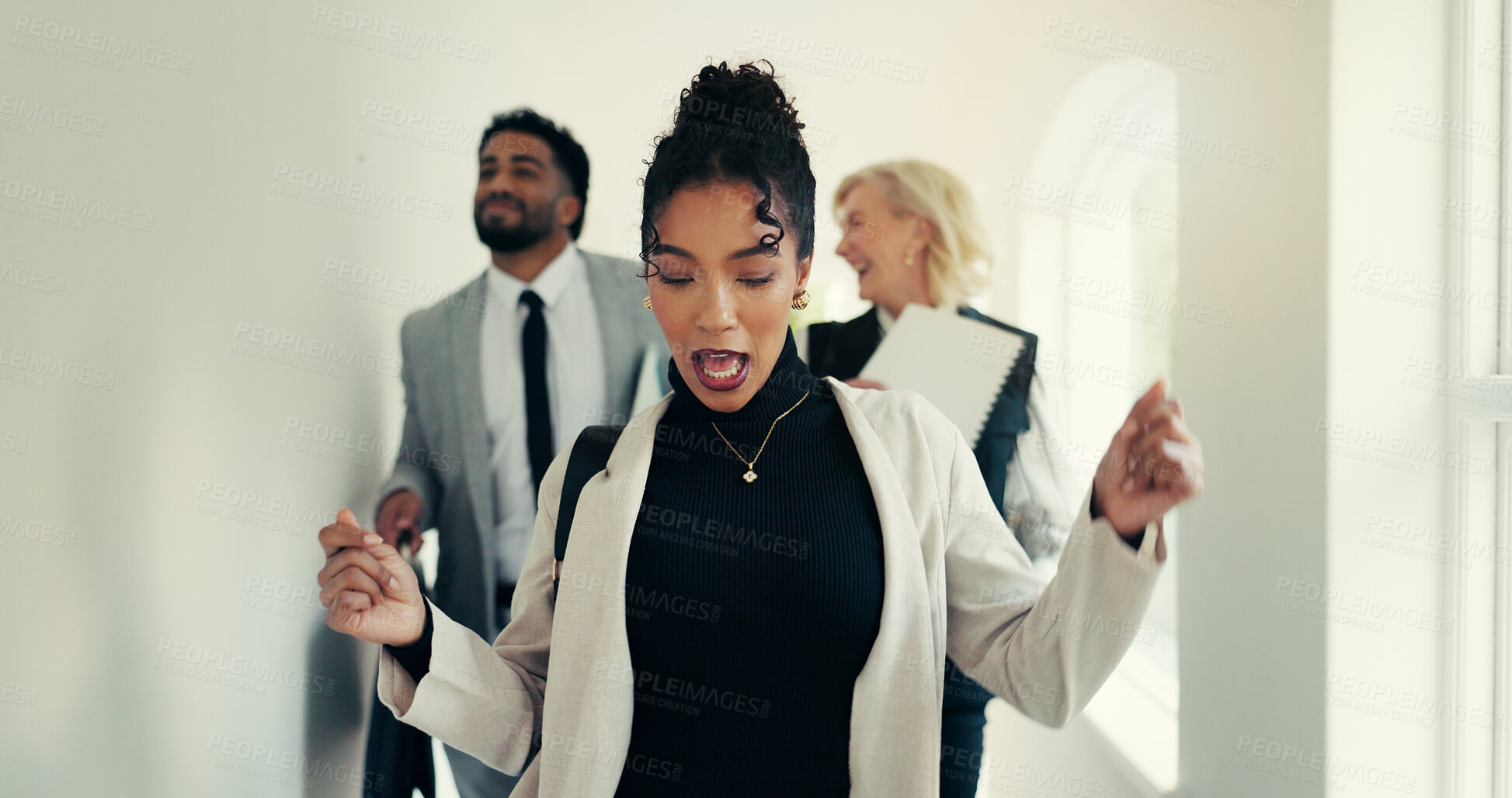 Buy stock photo Woman, dancing and business people with team, happy or celebration with documents for real estate sale. Person, property agent and excited group with success, goals or deal for profit in corridor
