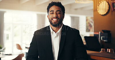 Buy stock photo Portrait, business and man in office, smile and accounting specialist with confidence. Face, person and corporate professional with financial company, risk management and career ambition with success