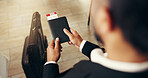 Businessman, hands and passport with luggage above for travel, commute or boarding pass. Top view, male person or traveler with identity document, bags or flight ticket for information or direction