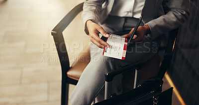 Buy stock photo Hands, plane ticket and business person in lobby on travel, immigration or paperwork for flight pass. Corporate employee, booking info and relax with suitcase in airport lounge for international trip