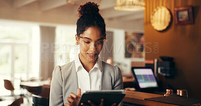 Buy stock photo Typing, tablet and business woman in airport lounge for conference, travel and email confirmation. Online booking, seminar schedule and flight plan with person for information on reservation