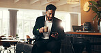 Coffee, phone and business man in airport lounge for conference, travel and email confirmation. Online booking, seminar schedule and flight plan with person and drink with information on reservation