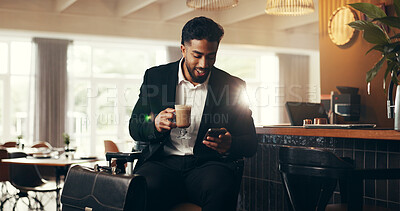 Buy stock photo Coffee, phone and business man in airport lounge for conference, travel and email confirmation. Online booking, seminar schedule and flight plan with person and drink with information on reservation