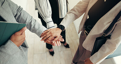 Buy stock photo Hands stack, above and business people at office with team motivation, support or circle at investing agency. Group, huddle and goal with celebration, achievement and collaboration at finance company
