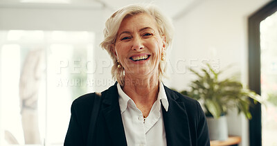 Buy stock photo Mature woman, smile and portrait at hotel for business trip, pride and confidence at luxury accommodation. Person, happy and excited with bag in lobby, travel or hospitality at lodge in Germany