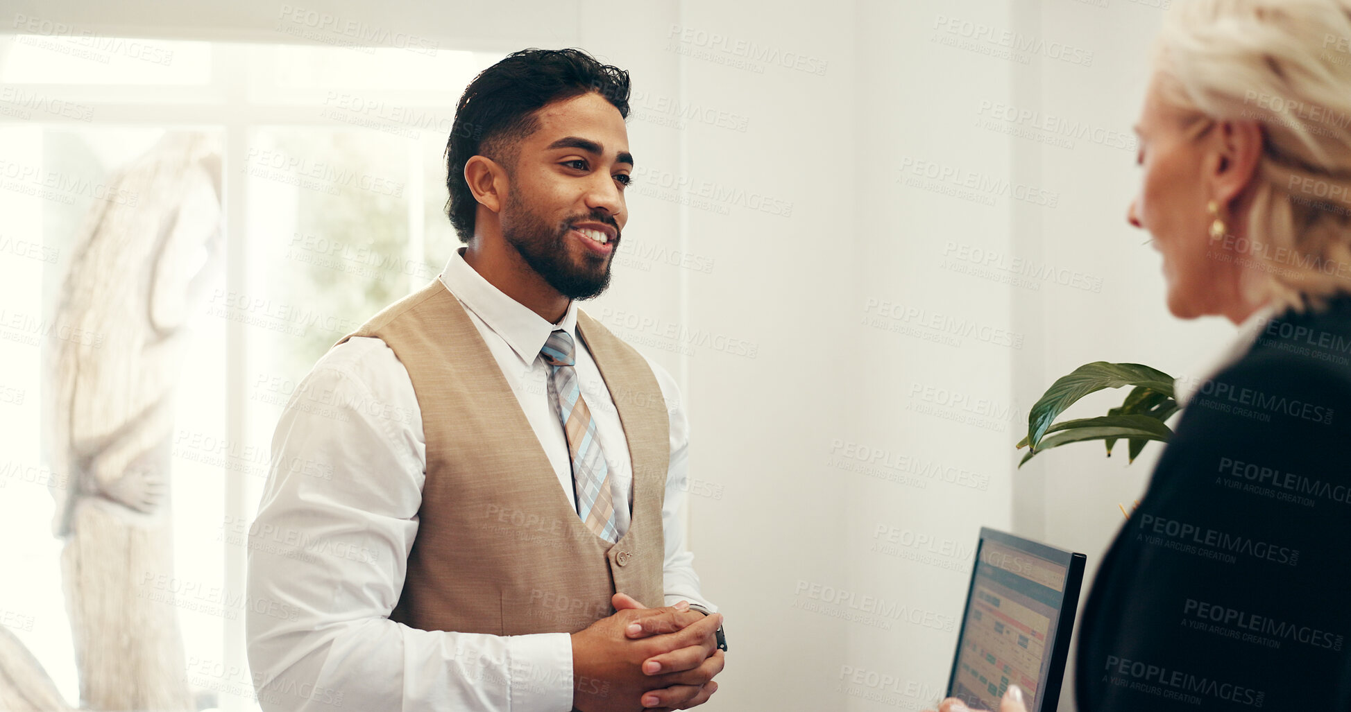 Buy stock photo Hotel, concierge and man with customer at front desk for reservation, booking room and check in. Hospitality, receptionist and person with woman talking for help, service and accommodation info 