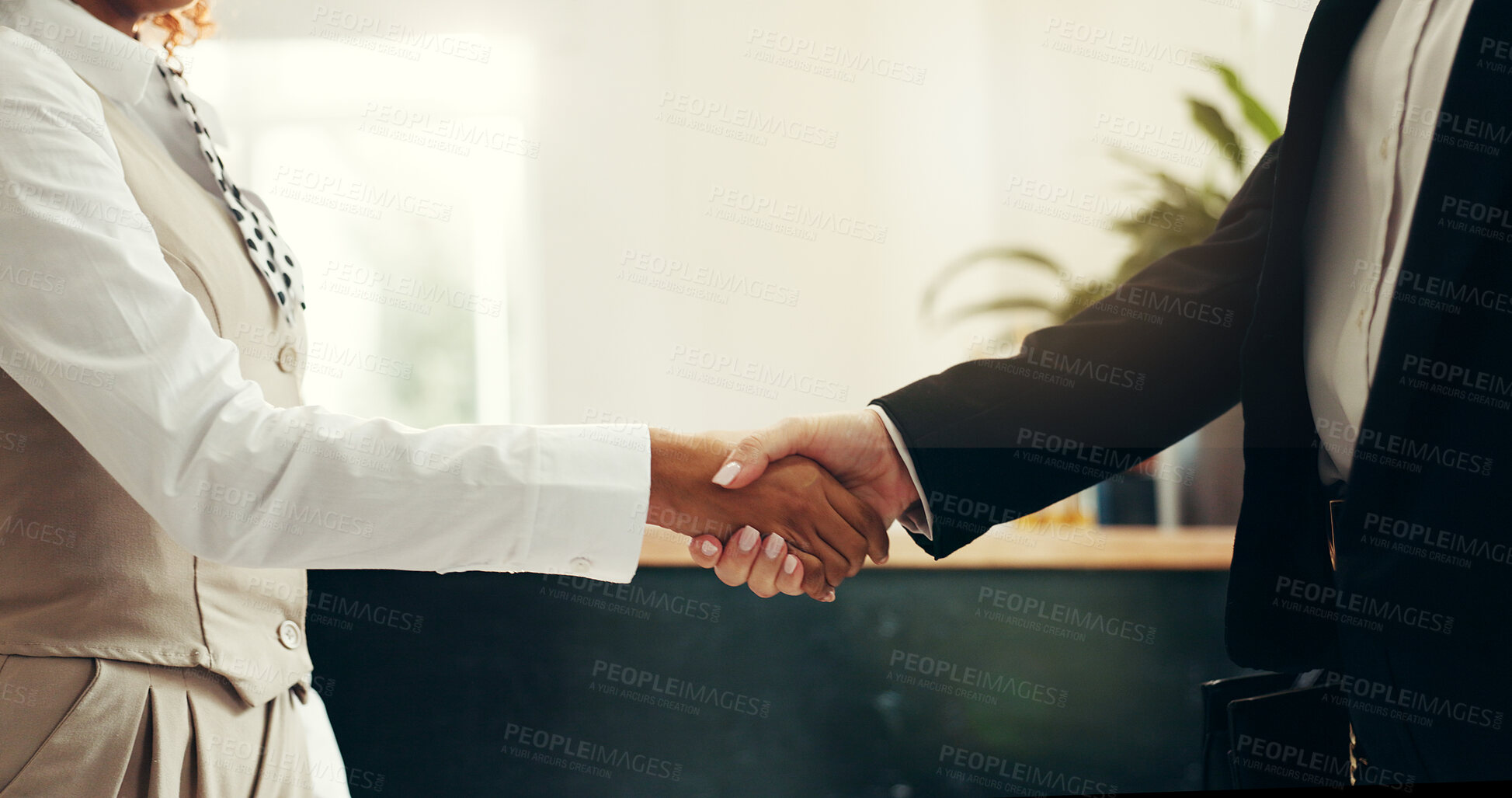 Buy stock photo Business people, handshake and meeting with welcome in hotel for customer service or greeting. Customer, concierge or shaking hands with client for agreement, hospitality or accommodation in lodge