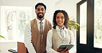 Hospitality, portrait and people at hotel reception for customer service, welcome or luxury accommodation. Tablet, concierge team and happy in lobby for check in assistance, help or travel booking