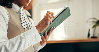 Buy stock photo Hands, tablet and woman in reception for hotel booking, concierge and guest check in. Hospitality industry, technology and online administration in lobby for resort, reservation enquiry or schedule