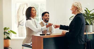 Buy stock photo Concierge, keys and help desk with people in hotel for  check in assistance, reservation and discussion. Advice, information and reception with business person in lobby for guest and hospitality
