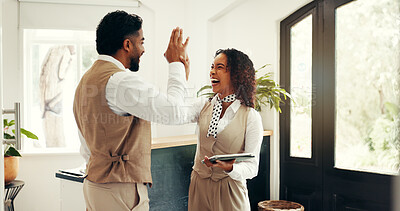 Buy stock photo High five, online booking and tablet with hotel concierge staff in lobby together for celebration. App, hospitality and success with reception team in lodge or resort for accommodation planning